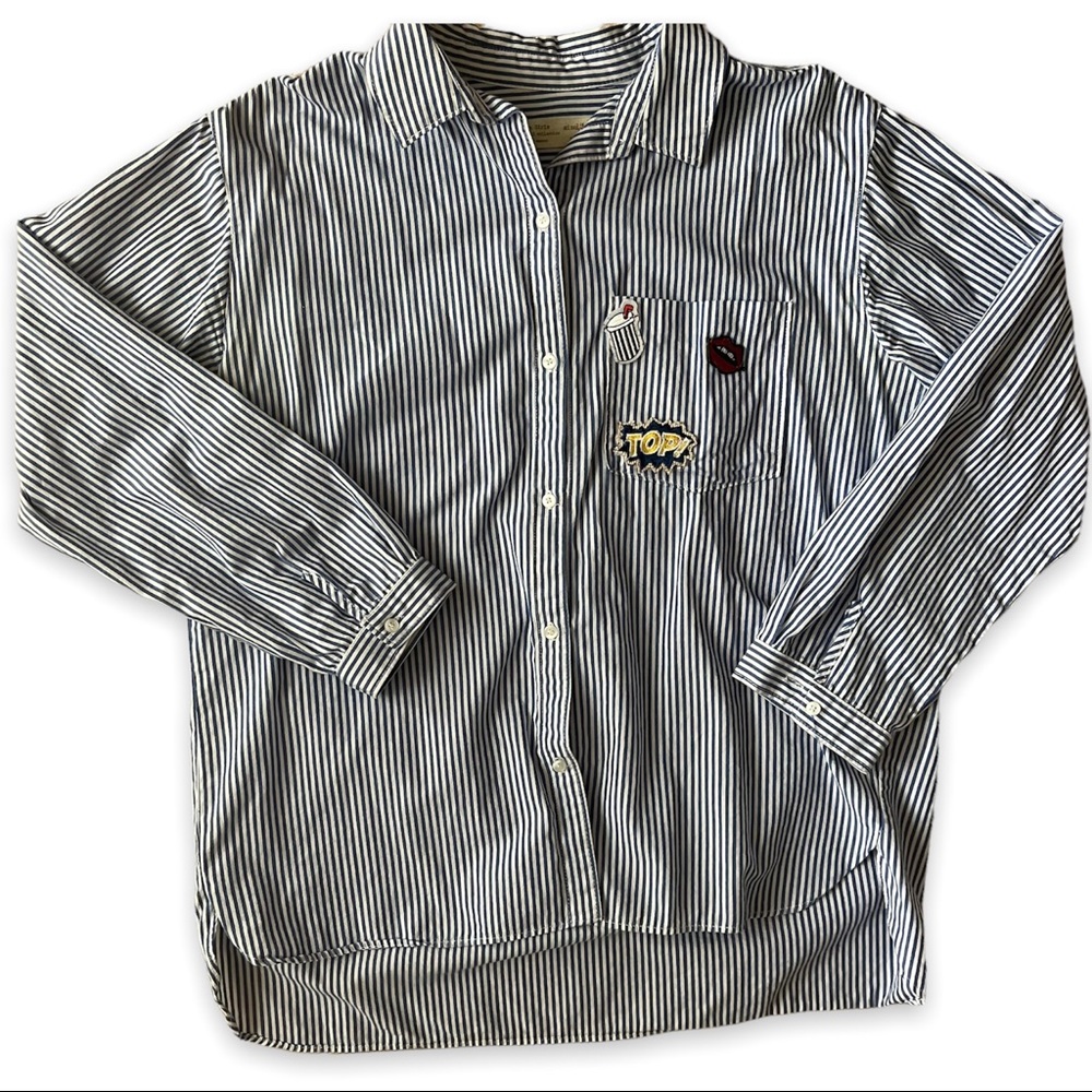 zara striped button up with patches size 13/14 girls